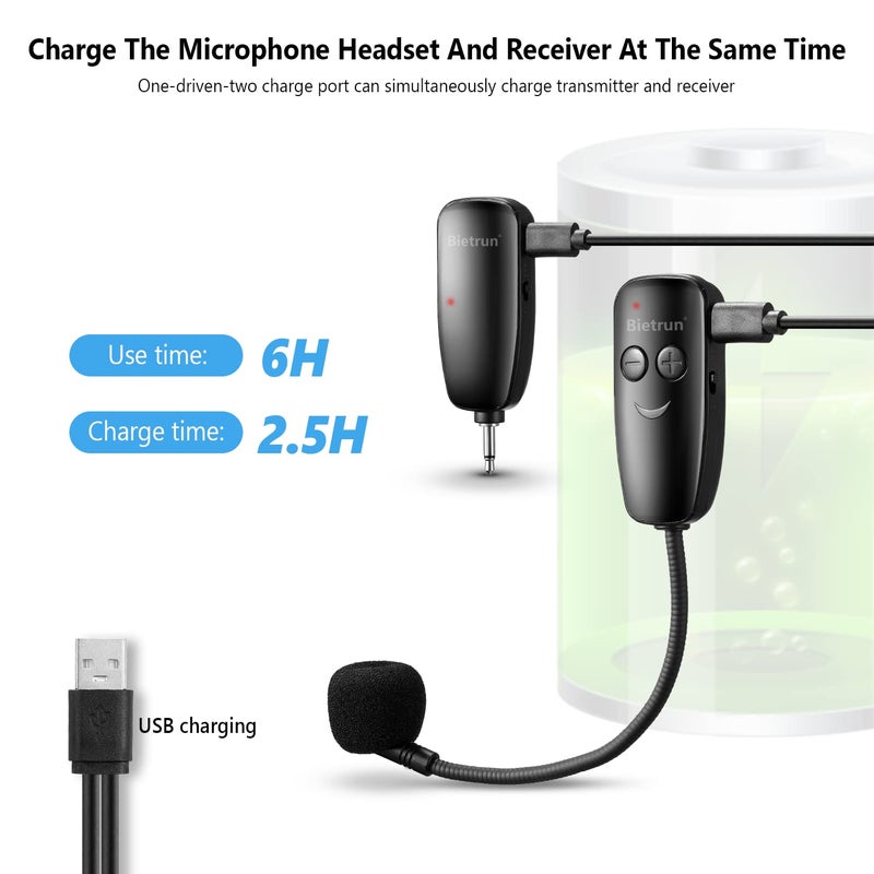 Bietrun Wireless Microphone Headset, UHF Wireless Headset Mic System, 160ft Range,1/8'' and 1/4'' Plug, for Speakers, Voice Amplifier, PA System(Not Supported AUX/iOS) - Image 4
